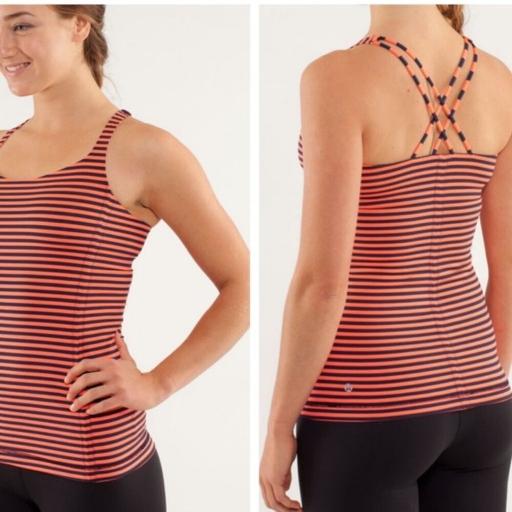 Lululemon Free To Be Tank Top Striped Shelf Bra Shirt Stretch Logo Strap Padded